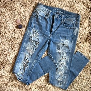 American Eagle High-rise Jeggings size 8, ripped skinny jean super stretch jeans